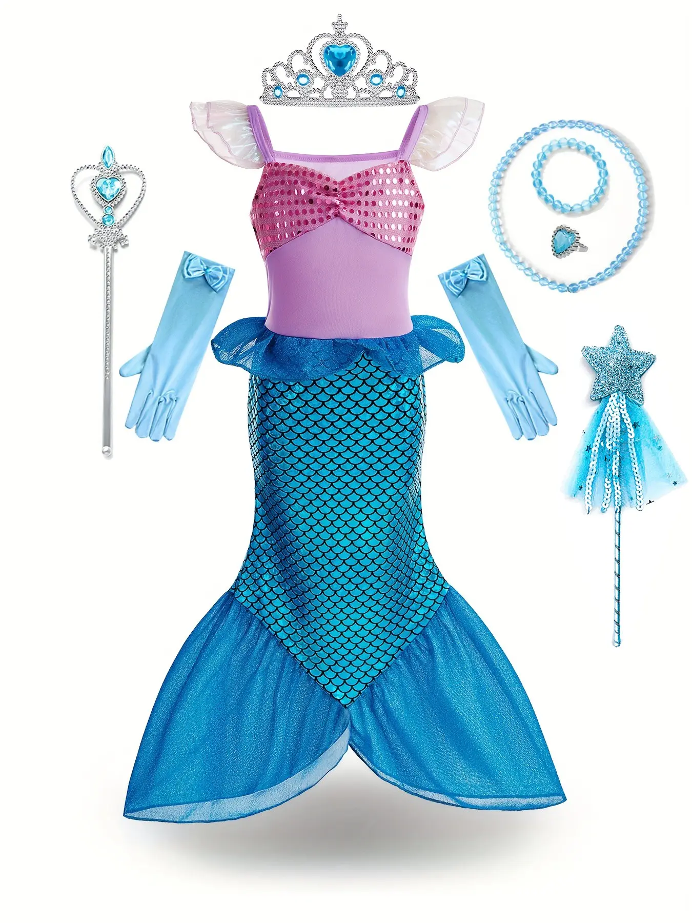 Girls' Blue Mermaid Costume, Dress Up Costume, Book Week Costume, Elegant Mesh Sequin Fish Tail Dress, Beach Photo, Kids Party Gown, Luxury Accessories Set, Costume For Parties