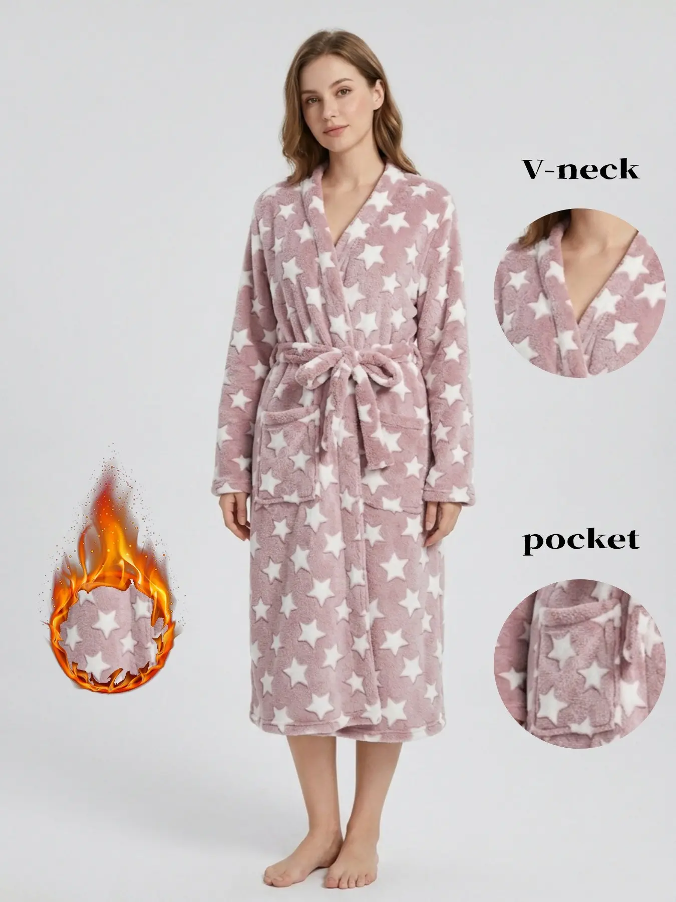 Women's Autumn Winter Soft Minimalist Star Print Robe, Kimono Neck Tie Waist Cinch Dual Pockets Flannel Long Bathrobe, Cozy Home Wear