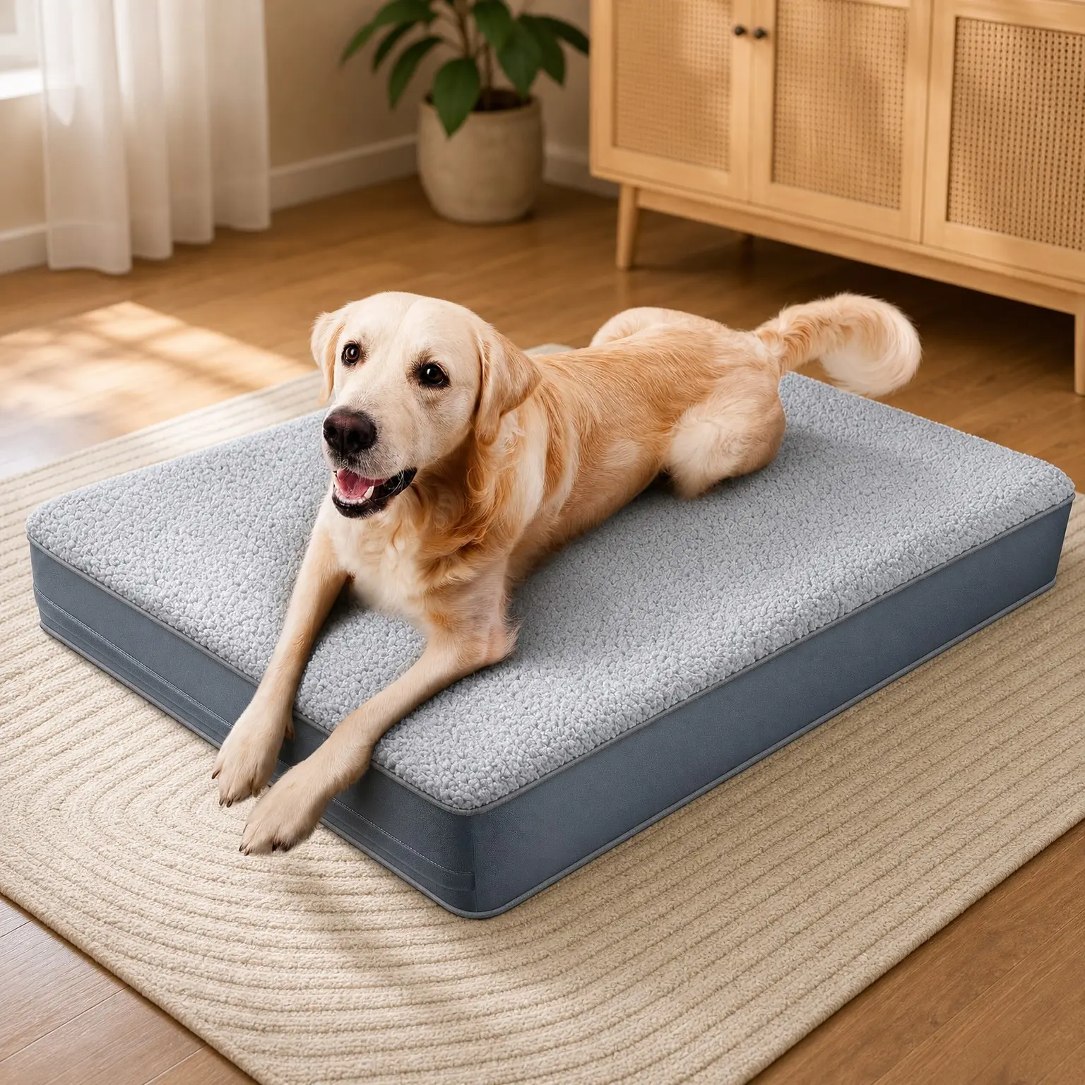 Washable Orthopedic Large Dog Bed with Removable Cover, Waterproof Dog Crate Bed Mat, Egg Crate Foam Support, Anti-Slip Bottom, Easy-Clean Soft Plush, GreyGift