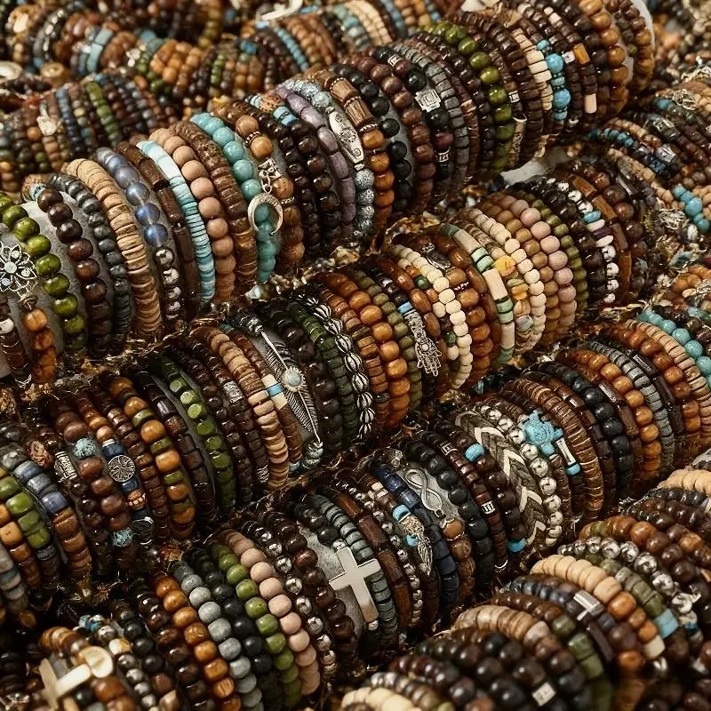 Unisex Handmade Bohemian Wooden Bead Bracelets Set - 36pcs or 72pcs, Uncoated, Vintage Charm, Multiple Colors, Casual Daily Wear Fashion Costume Jewelry for Teens