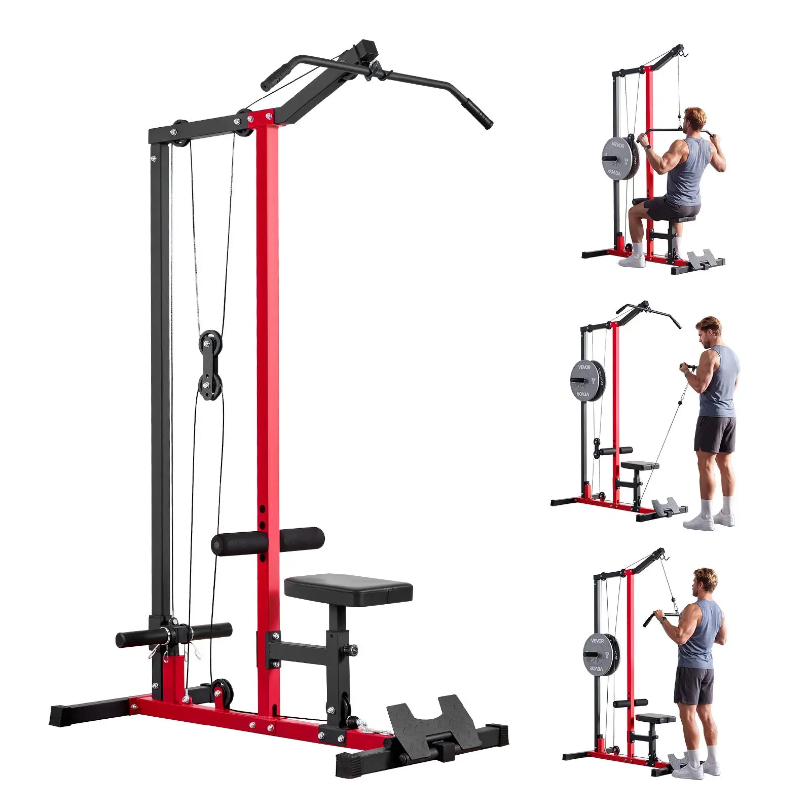 【DealsForYouDays】VEVOR LAT Pull Down Machine, 2-in-1 Row Cable Machine, Cable Machines Home Gym with 3-Level Adjustable Seat, 4-Level Adjustable Foam Roller, Load 500 lbs Lat Tower for Back, Chest, Tricep, Black Red