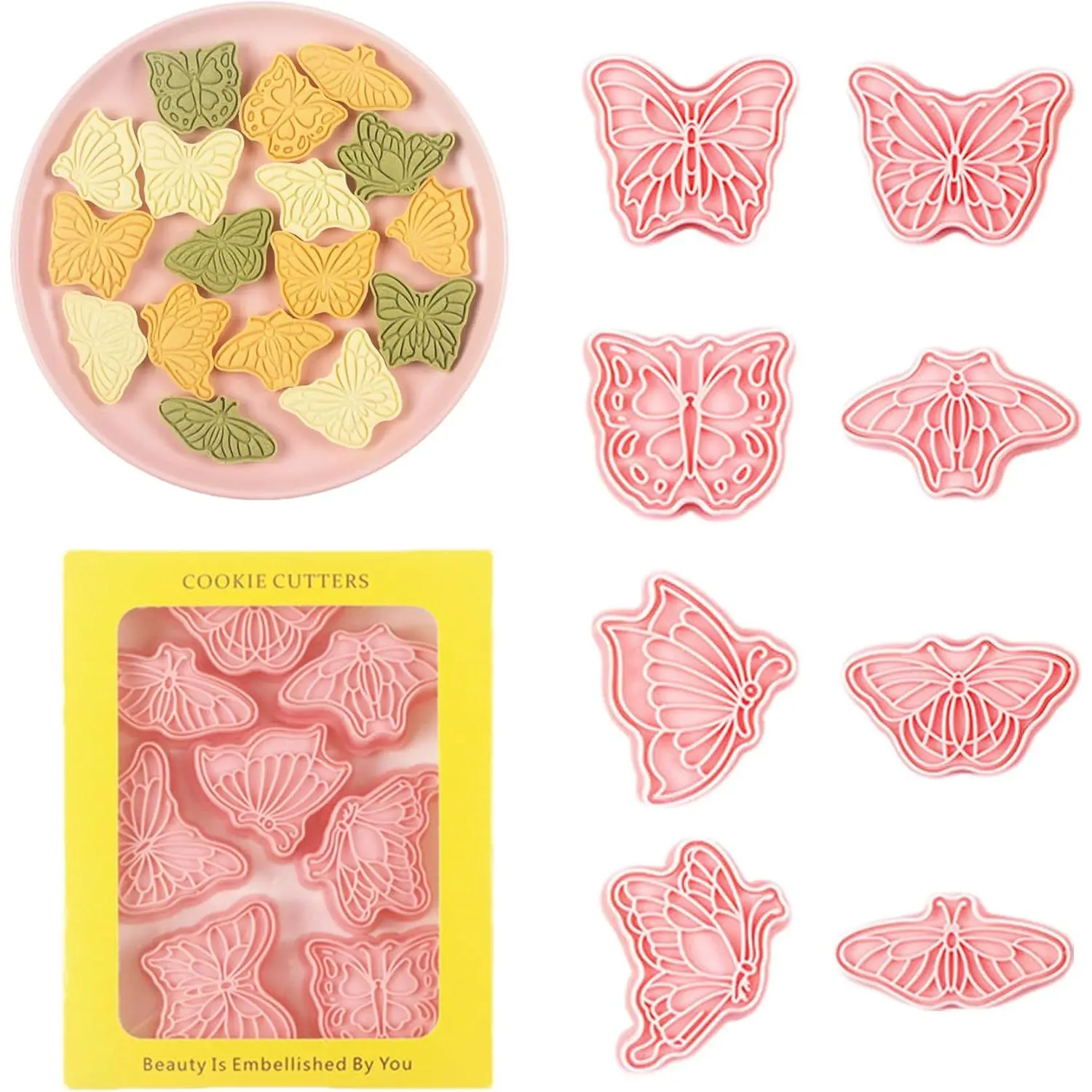 Butterfly Cookie Cutters 8 count Plastic Biscuit  Set  Pressable Cake Baking Fondant Embosser  for Party Decoration Pastry Tools (F8)