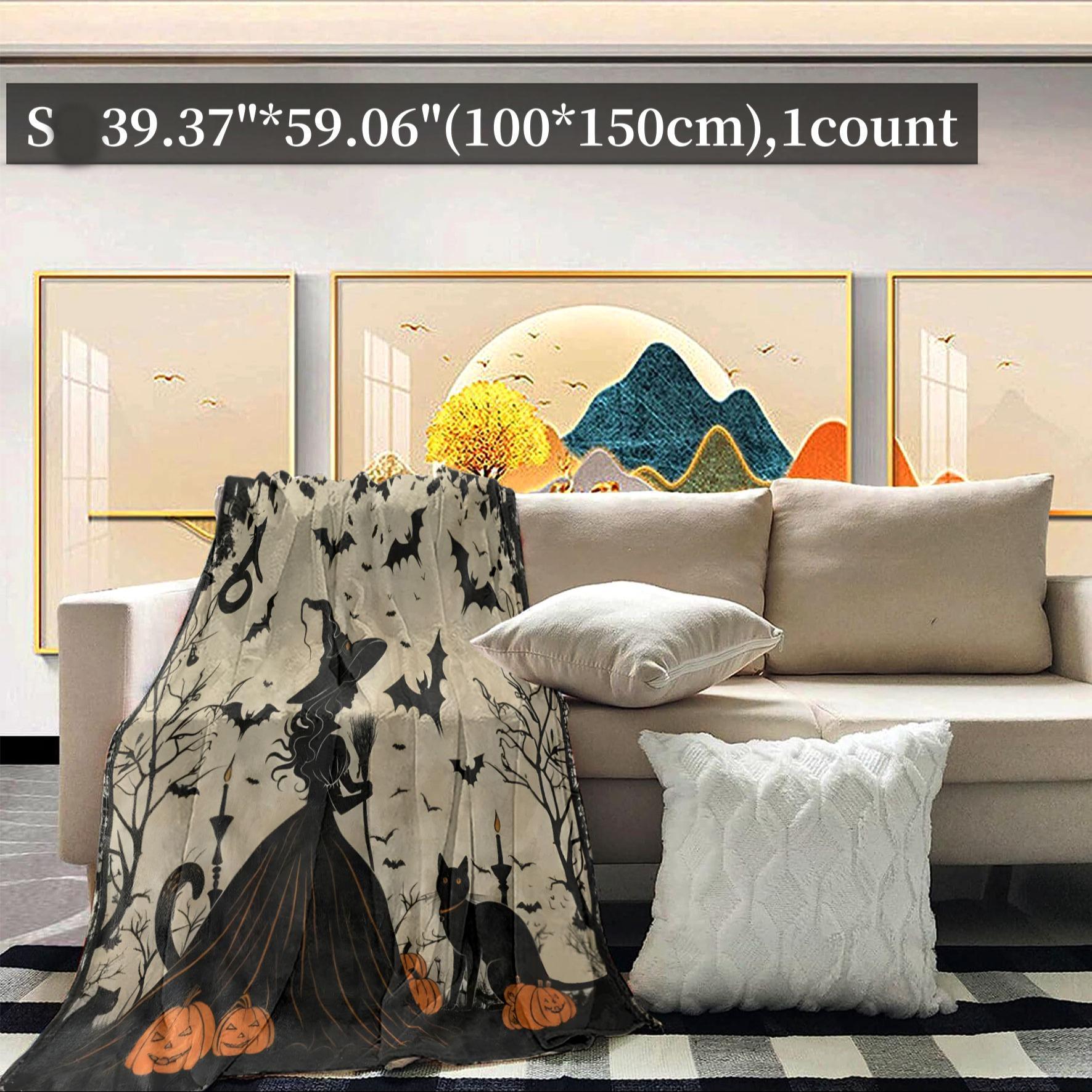 Cartoon Themed Decorative Giftable Blankets, 1 Count Witch and Black Cat Pattern Soft Cozy Throw Blanket, Air-conditioned Room Blanket, Warm Nap Blanket for Home Office Travel Camping, Bedroom Accessories, Travel Essentials, Christmas Gifts, Halloween