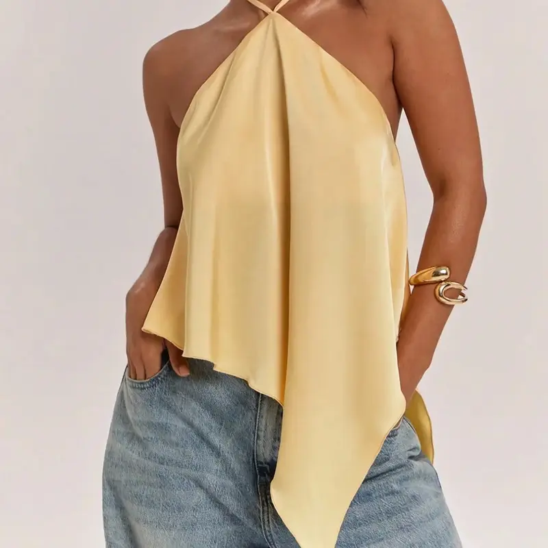 Light Satin Halter Neck Top for Women, Asymmetrical Pointed Hem Backless Sexy Smooth Satin Blouse, European Style Chic Casual Outerwear Crop Top, Cropped Tank Tops