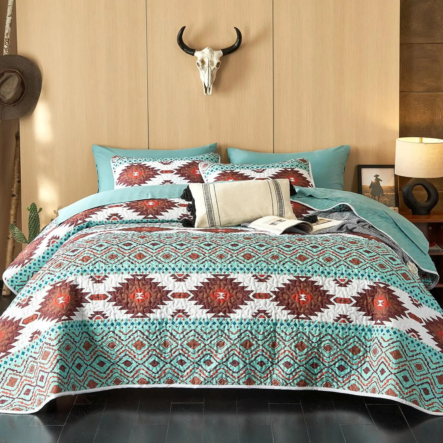 - Set, Southwestern Aztec Style with Ranch Vibe, Reversible Lightweight Bedspread Coverlet, 3 Pieces, Turquoise Brown, Queen/Full Size