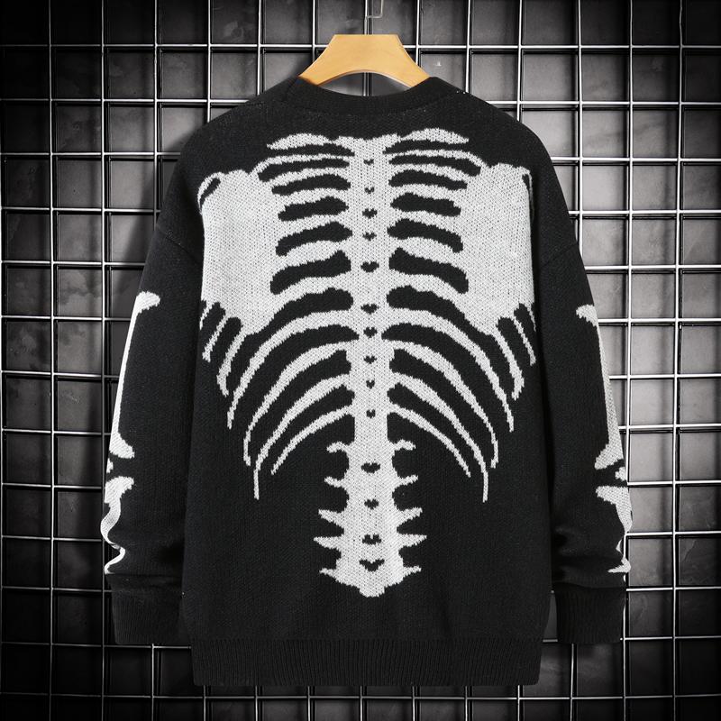 Men's Skeleton Print Button-Front Knitwear Top - Long Sleeve V-Neck, Loose Drop-Shoulder Regular Fit, Soft Menswear Pullover, Spooky Men's Cardigan, Multi-Size, Casual Halloween Fall Wear