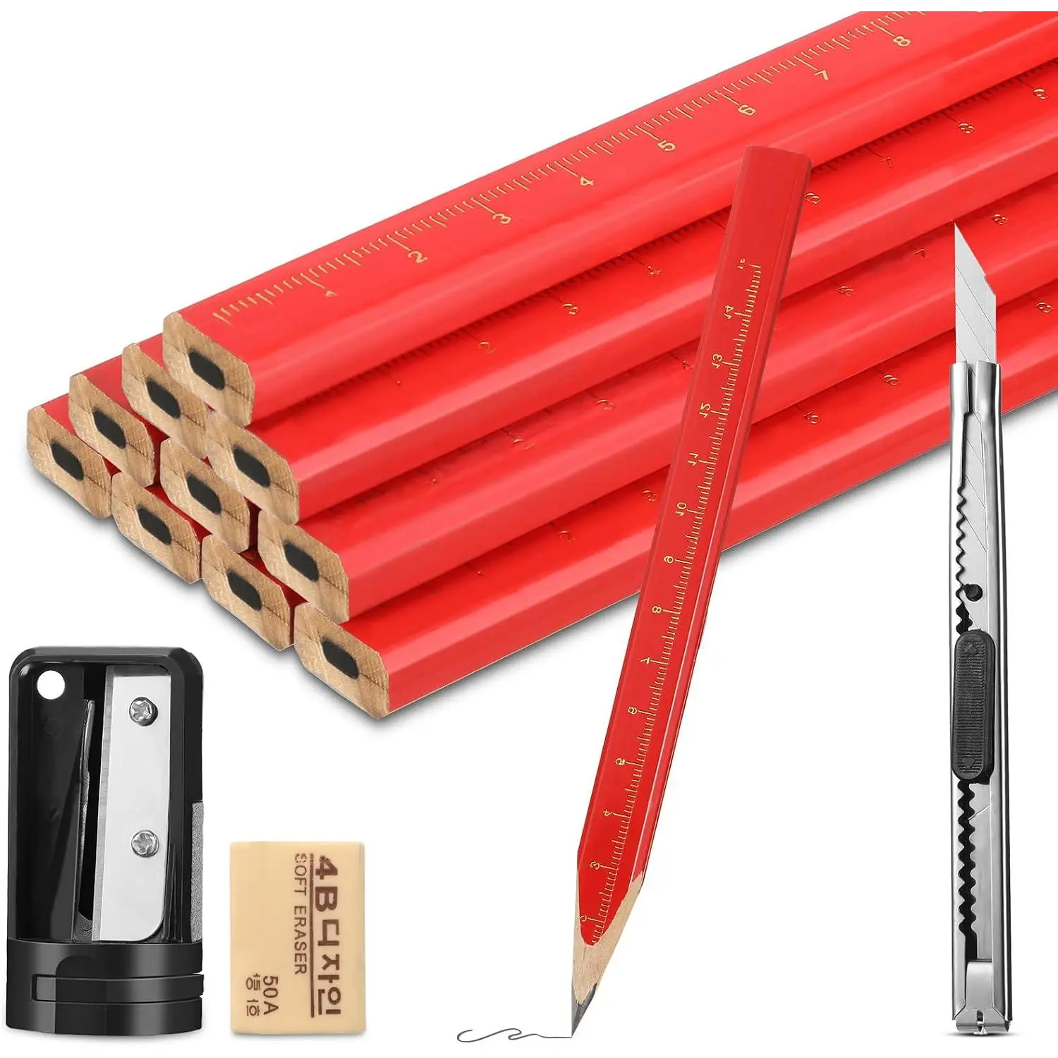 10-Count Flat Octagonal Carpenter Pencils, 7in Hard Black Woodworking Pencils with Sharpener & Eraser, Heavy Duty Solid Graphite Utility Kit for Contractors, Office Stationery Writing Tools Set