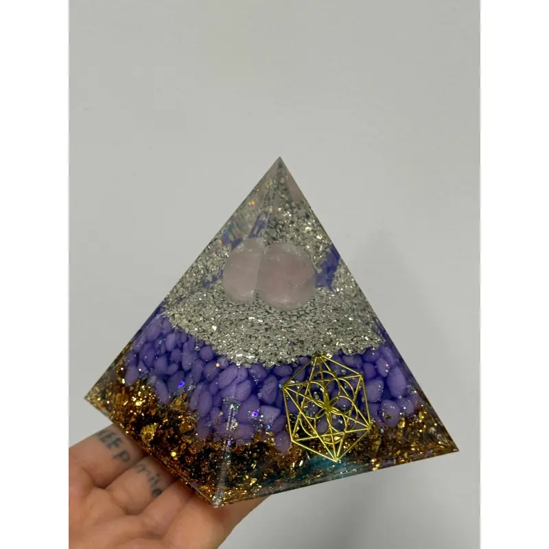 Amethyst Crystal Energy Tower Pyramid, 8x8x9cm Purple Gemstone Pyramid Decor with Crystal Ball, Gold Foil & Chakra Meditation Ornament