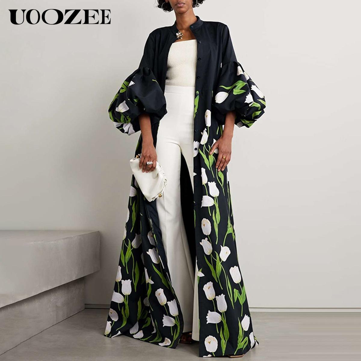 Split-Joint Pleated Floral Printed Floral Loose Long Sleeves Stand Collar Trench Coats Tops Elegant