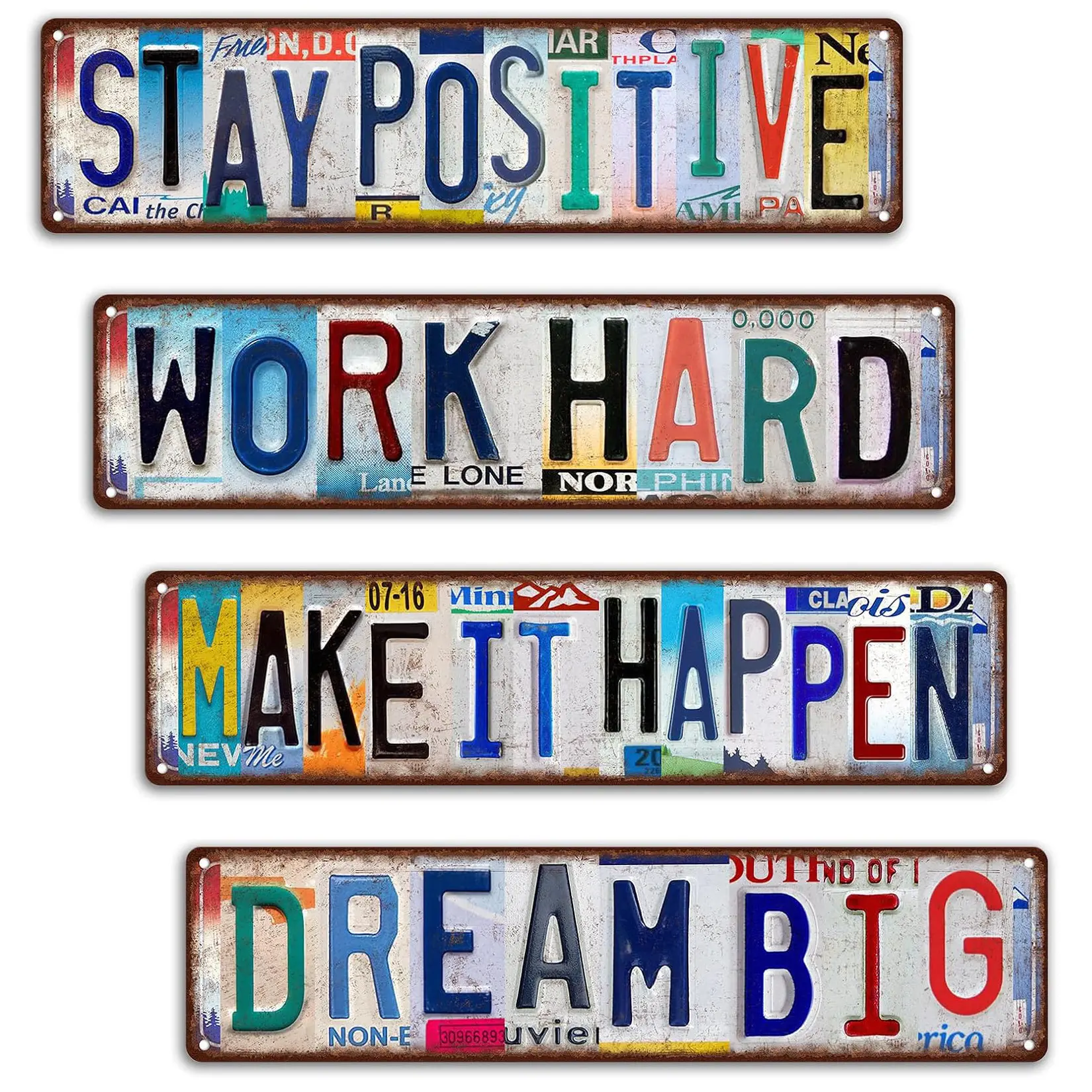 Set of 4 Vintage Motivational Signs, License Plate Style Wall Decor, Waterproof Aluminum Metal Plaques for Home, Office, Bar, and Cafe
