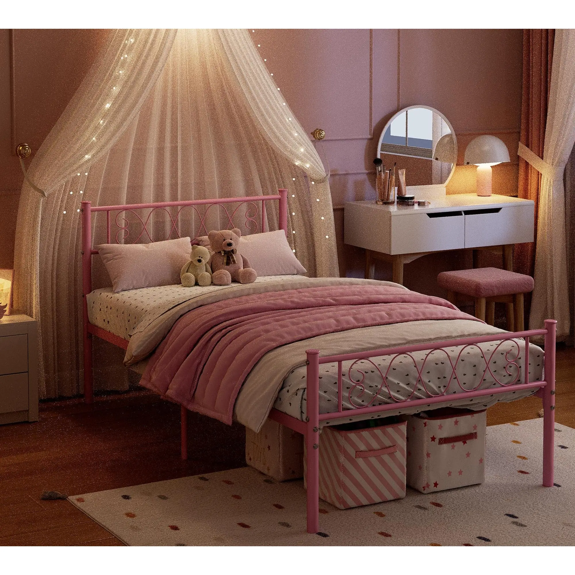 Metal Twin XL Bed Frame – Headboard & Footboard with Iron Heart Design, Twin Size Platform Bed for Boys & Girls, No Box Spring Needed, Easy Assembly