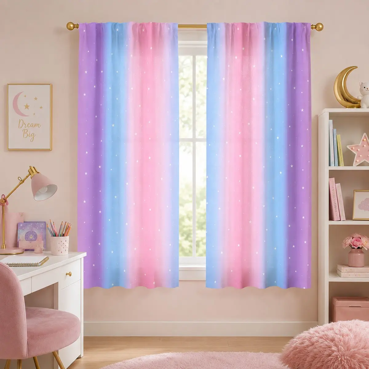 2-Pack Macaron Blue Gradient Starry Sky Curtains, Dreamy Rainbow Print, Short Decorative Window Drapes for Girls' Bedroom