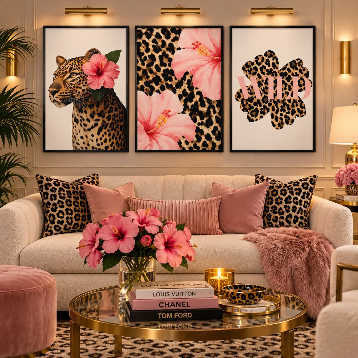 Pink Leopard Wall Art Canvas Print, Retro Y2K Cheetah Hibiscus Poster, Tropical Girly Aesthetic Decor for Bedroom Dorm Apartment Home