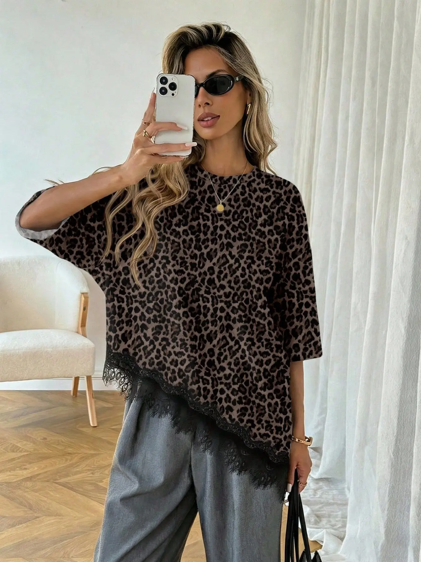New Arrival Asymmetrical Hem Lace Patchwork Design High-End T-Shirt Top, Elegant Short Sleeve Women's Clothing, Stylish and Chic
