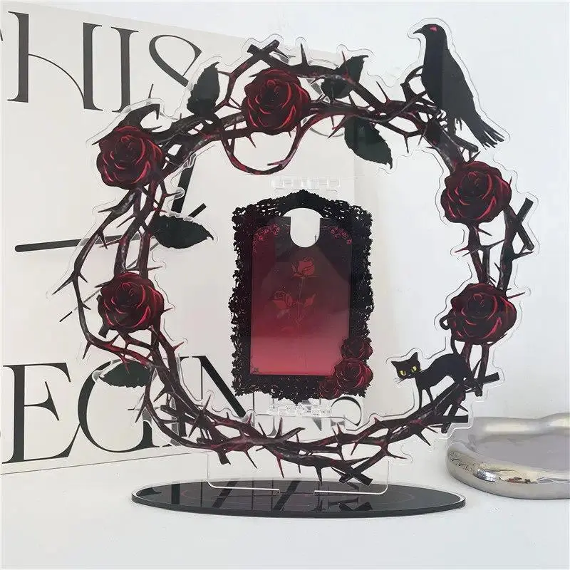 Dark Night Series Acrylic Photo Card Stand, Thorn Rose Rotatable Wreath Frame for 3inch Kpop Photocards, Desk Display Decor