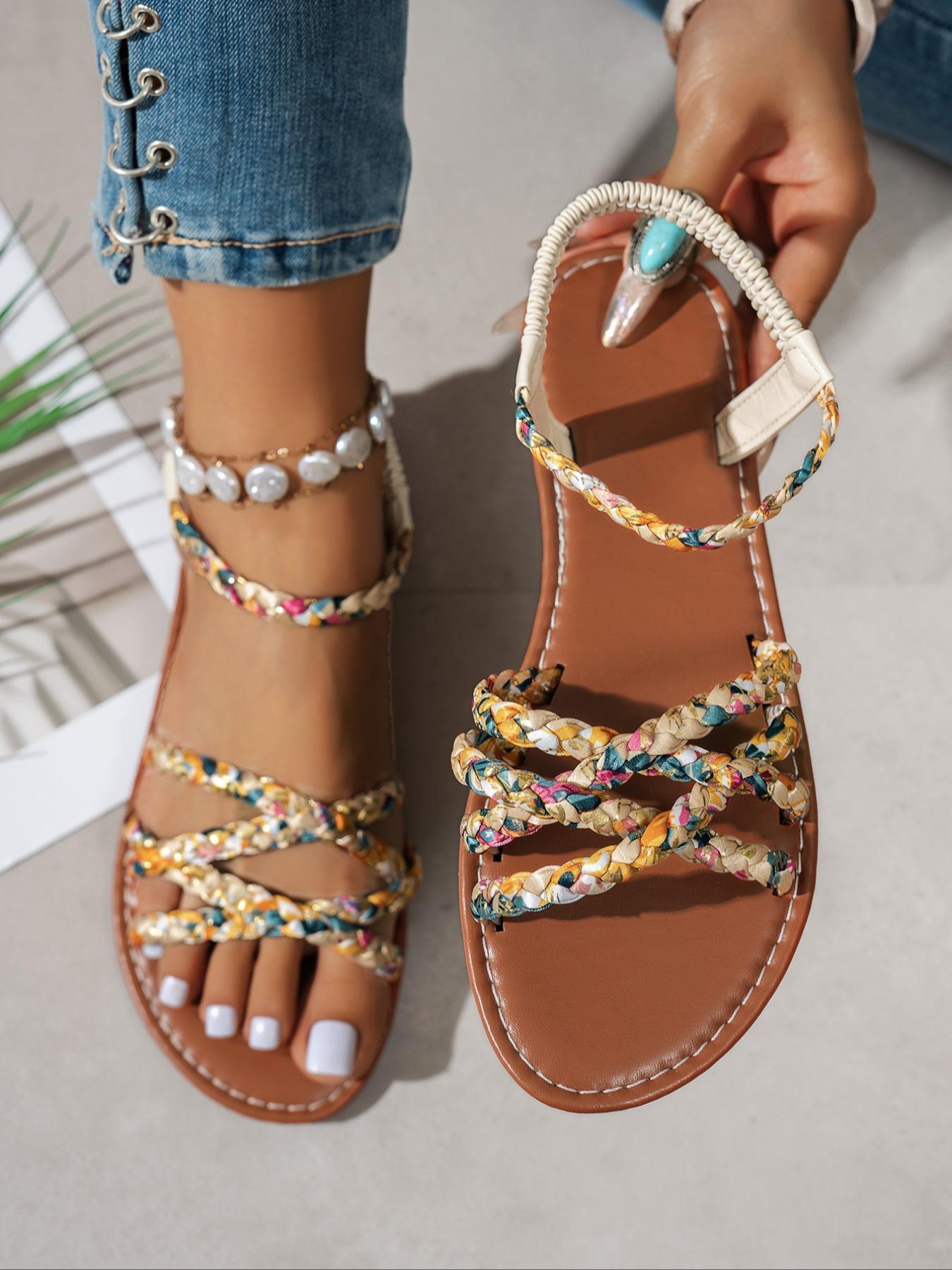 Women's Fashionable Colorful Flower Pattern Braided Sole Sandals, Casual Comfortable Toe Thong Sandals for Summer, Female All-match Round Toe Sandals for Daily Wear, Girl, Casual Flat Sandals