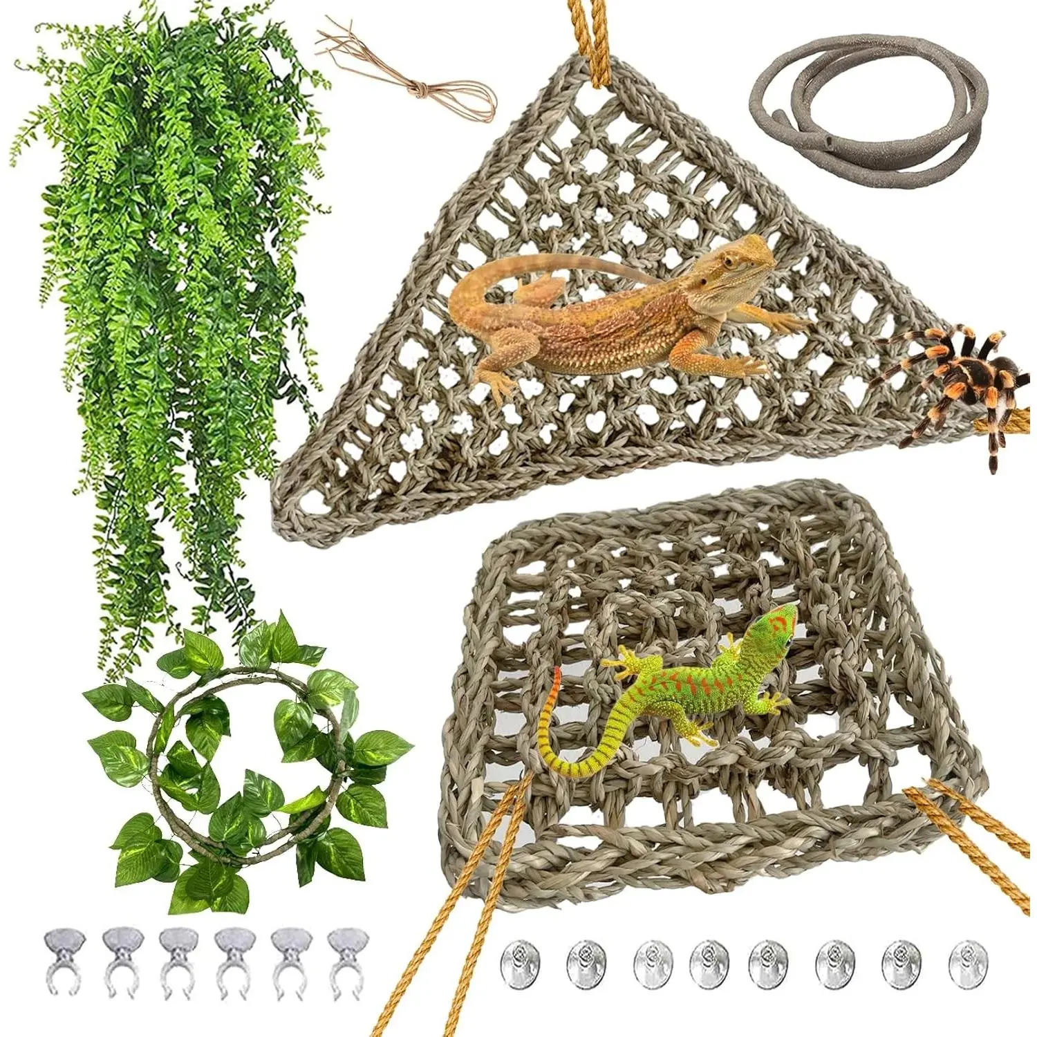 Bearded Dragon Hammock,Lizard Lounger Reptile Tank Hanging Plants Climbing Jungle Vines Flexible Leaves Decorations for Lizards Chameleon Gecko Snakes(5 PCS)