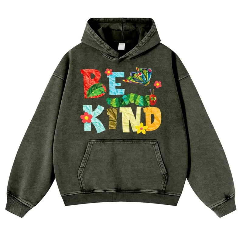 Men's 380g Thick Cotton Graphic Hoodie - Crumpled Color Paper Cutout Collage Lettering, Positive "Be Kind" Slogan, Autumn Vintage Washed, Good Fit, Back to School Use