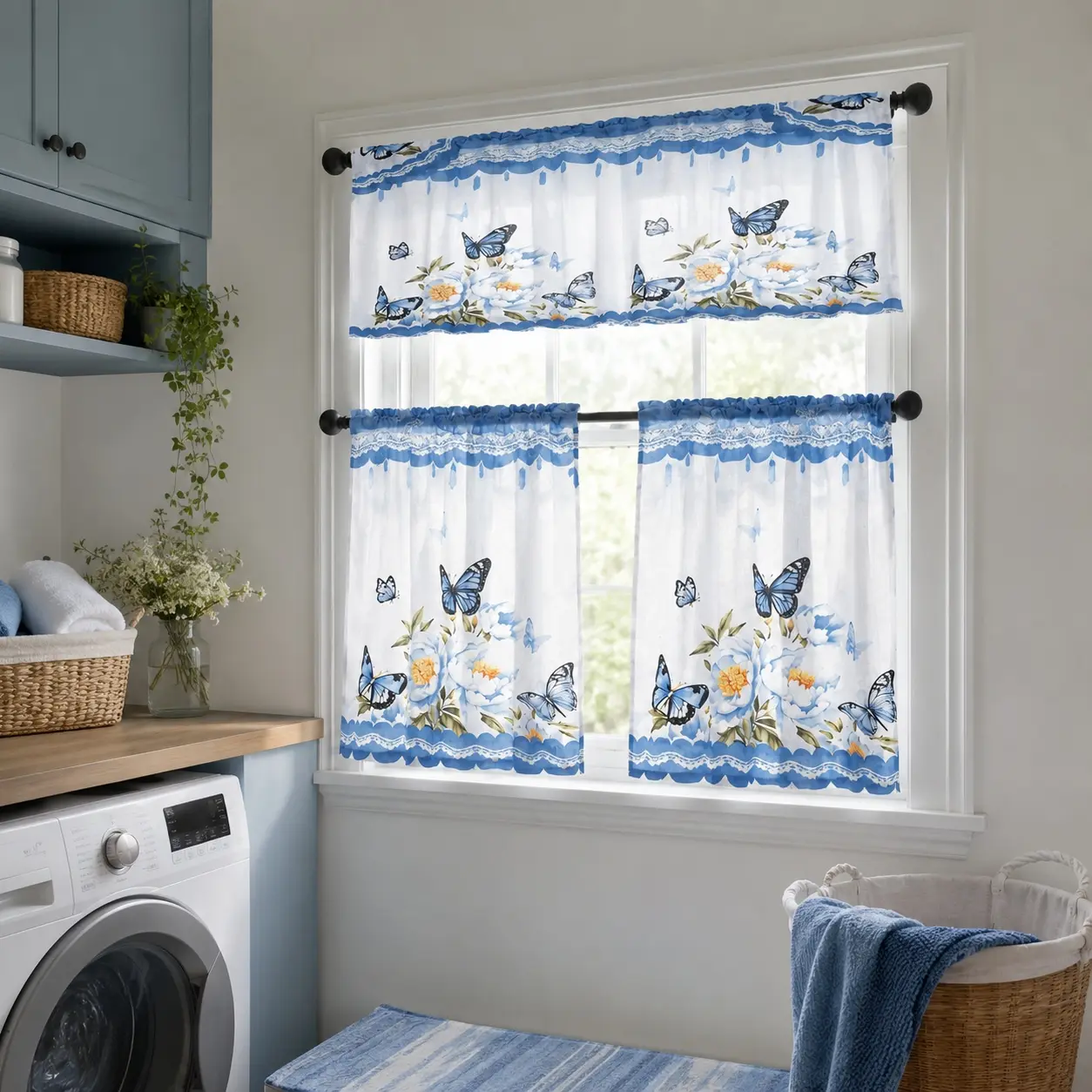 3-Piece Curtains Kitchen Valance Set - Made in USA, 2D Flat Polyester, Elegant Blue Butterfly Nature Motif Print, Rod Pocket, Light Filtering, Privacy Protection, Home Interior Decor for Kitchen/Living Spaces, Artificial Butterfly Element Curtains