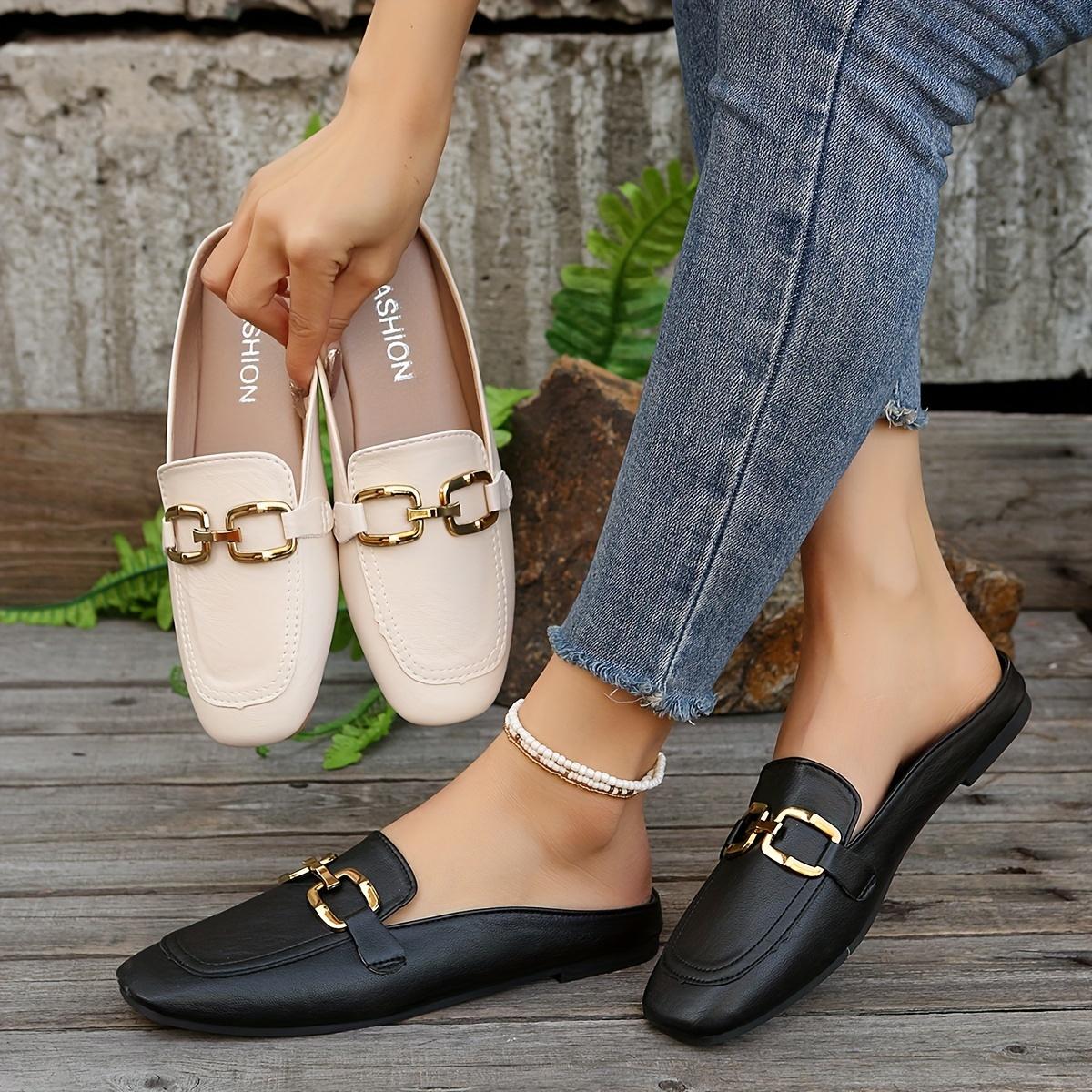 Women's Square Toe Flat Mules, Metallic Buckle Decorated Slip-On Backless Loafers, Fashionable Outdoor Slippers Set viral comfort shoes  trend