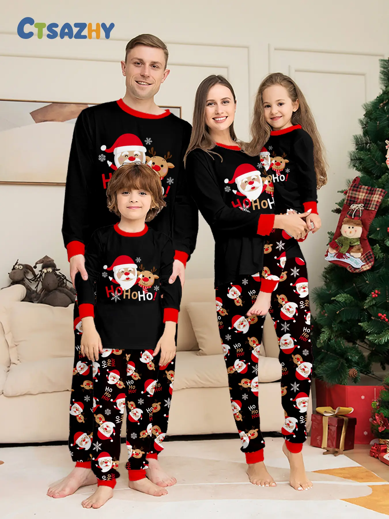 European Style Christmas Print Family Four Matching Long Pajama Two-Piece Set, Hot Sale Festive Outfit, Clothing Sets