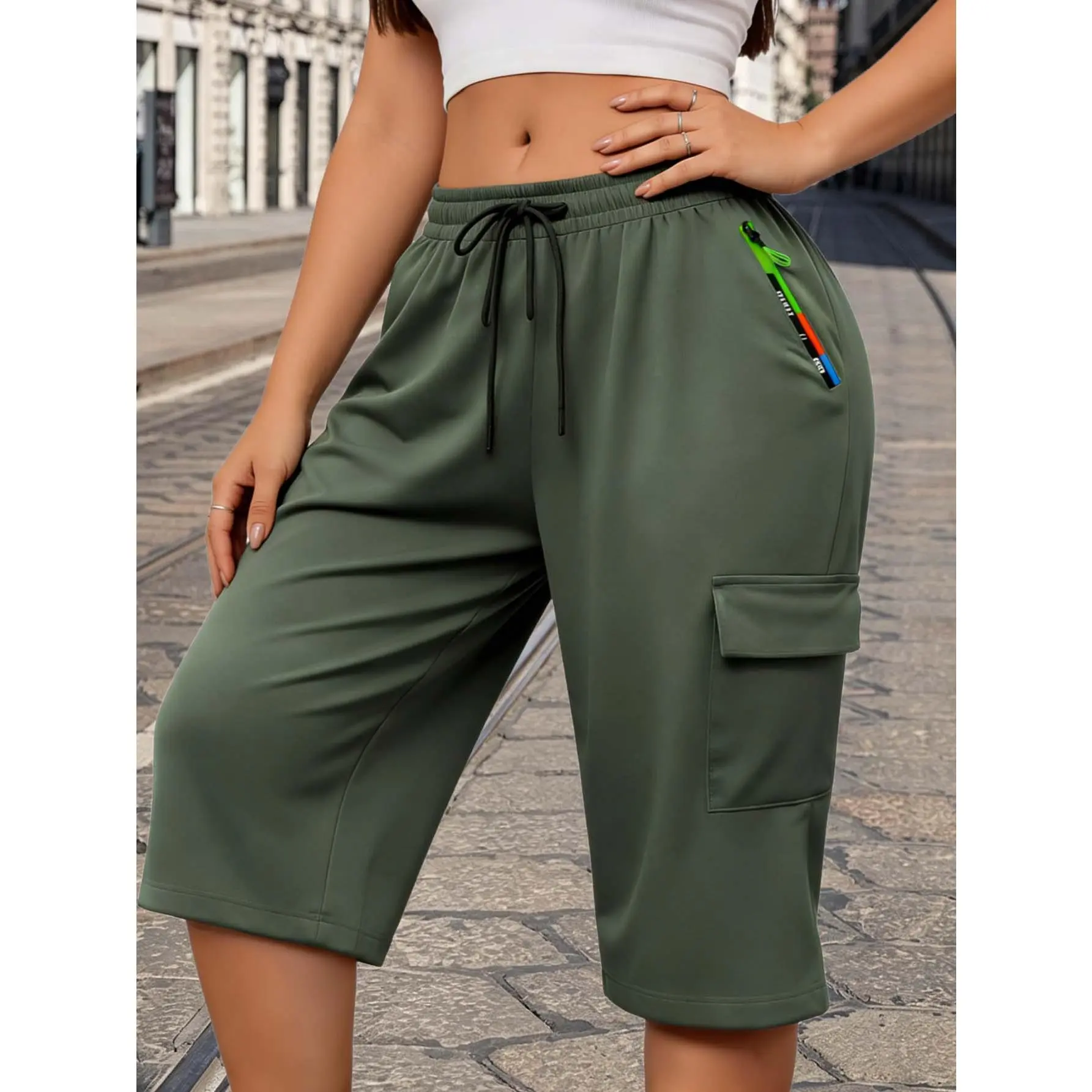Women's Summer Thin Casual Cropped Sport Pants, High Waist Loose Slimming Fit, Large Patch Pockets Elastic Drawstring Waist, Versatile Daily Commute Trousers