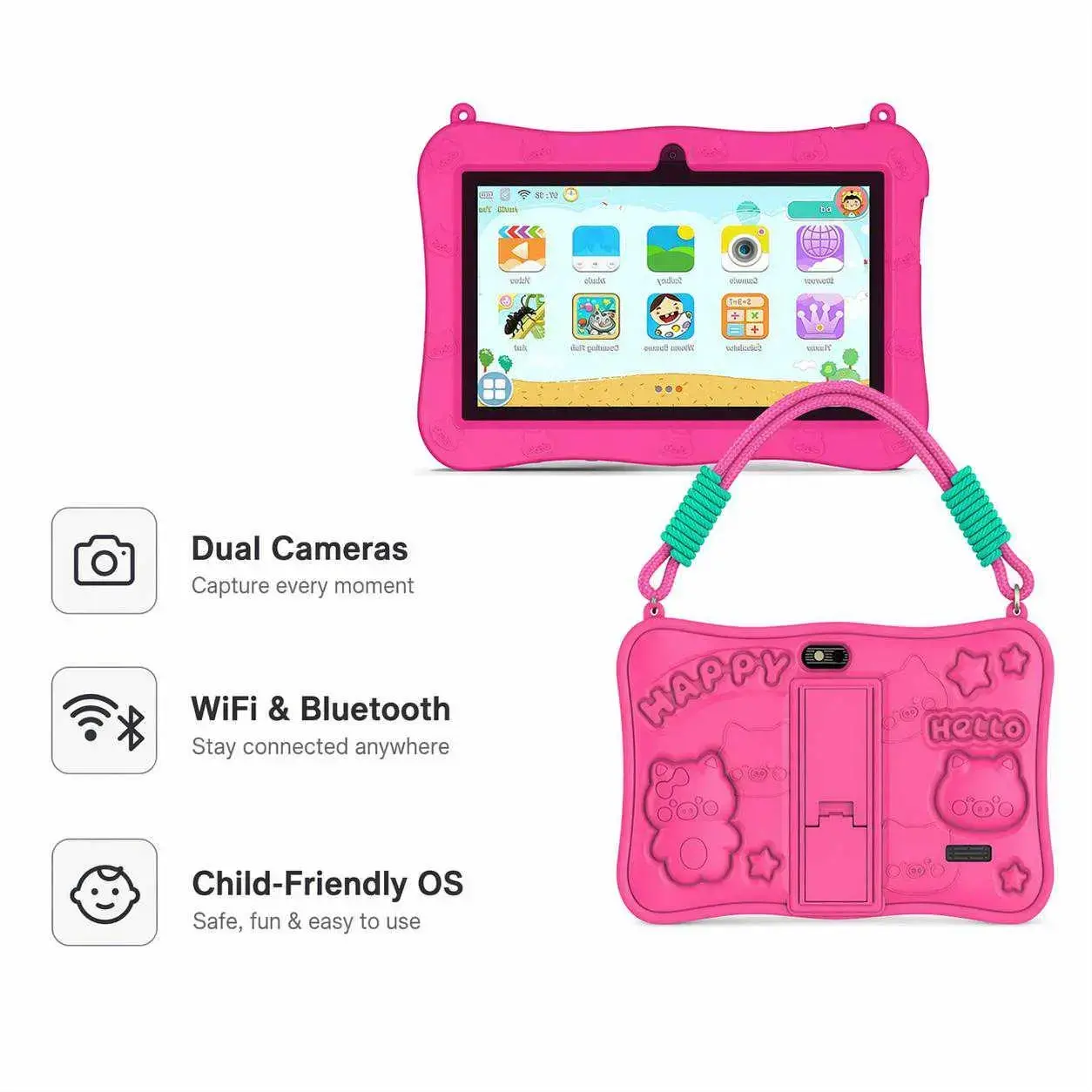 7-Inch Kids Touchscreen Tablet PC, Android Tablets with Shockproof Case, Wifi Tablet, Childrens Tablet, Android 13.0, 4GB RAM 64GB ROM, Dual Cameras 2MP + 5MP, Wi‑Fi and Bluetooth-Compatible, Parental Control, Ideal Gift