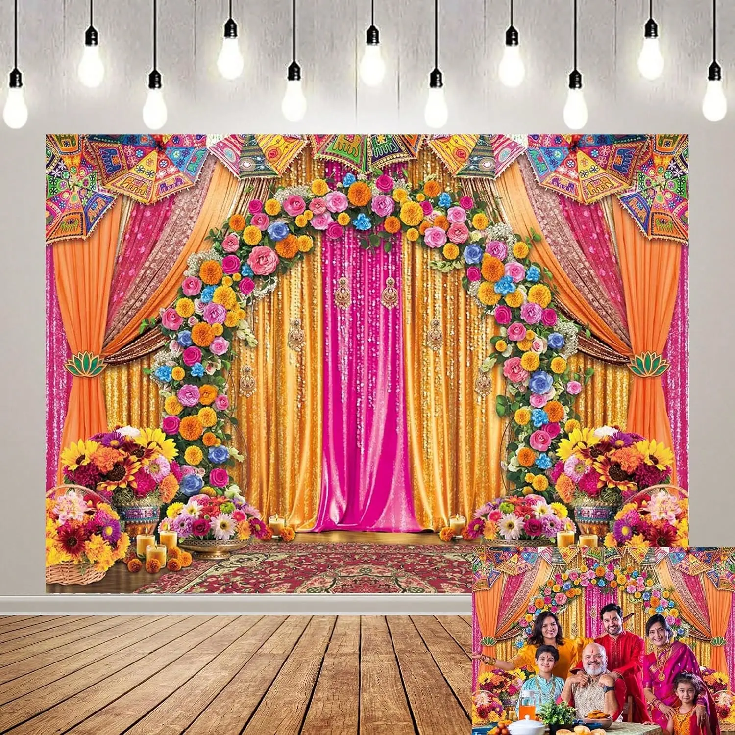 Polyester Marigold Print Tapestry - Lightweight, Durable Home Decor Artwork, Multi-Size Indian Wedding Backdrop, Baby Shower Pouch, Indoor-Outdoor Photo Background Wall Hanging, Anniversary Holiday Decoration Gift