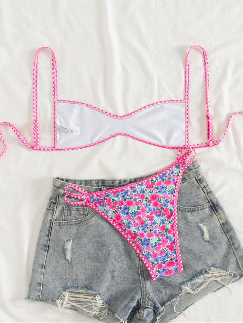 Two-Piece Set Women's Floral Print Bikini Set, Casual Fashion Chic Swimsuit Set for Beach Holiday Vacation, Ladies Summer Clothes, Tie Back Bikinis Two-Piece Set Women's Floral Print Bikini Set, Casual Fashion Chic Swimsuit Set for Beach Holiday Vacation, Ladies Summer Clothes, Tie Back Bikinis