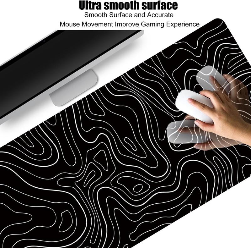 Large Gaming TOPO Keyboard  Pad Black and White Topographic  Pad with Anti-Slip Rubber Base, Extended XXL Long Gaming Mousepad Big  Pads for Desk,31.5 X 11.8 Inch