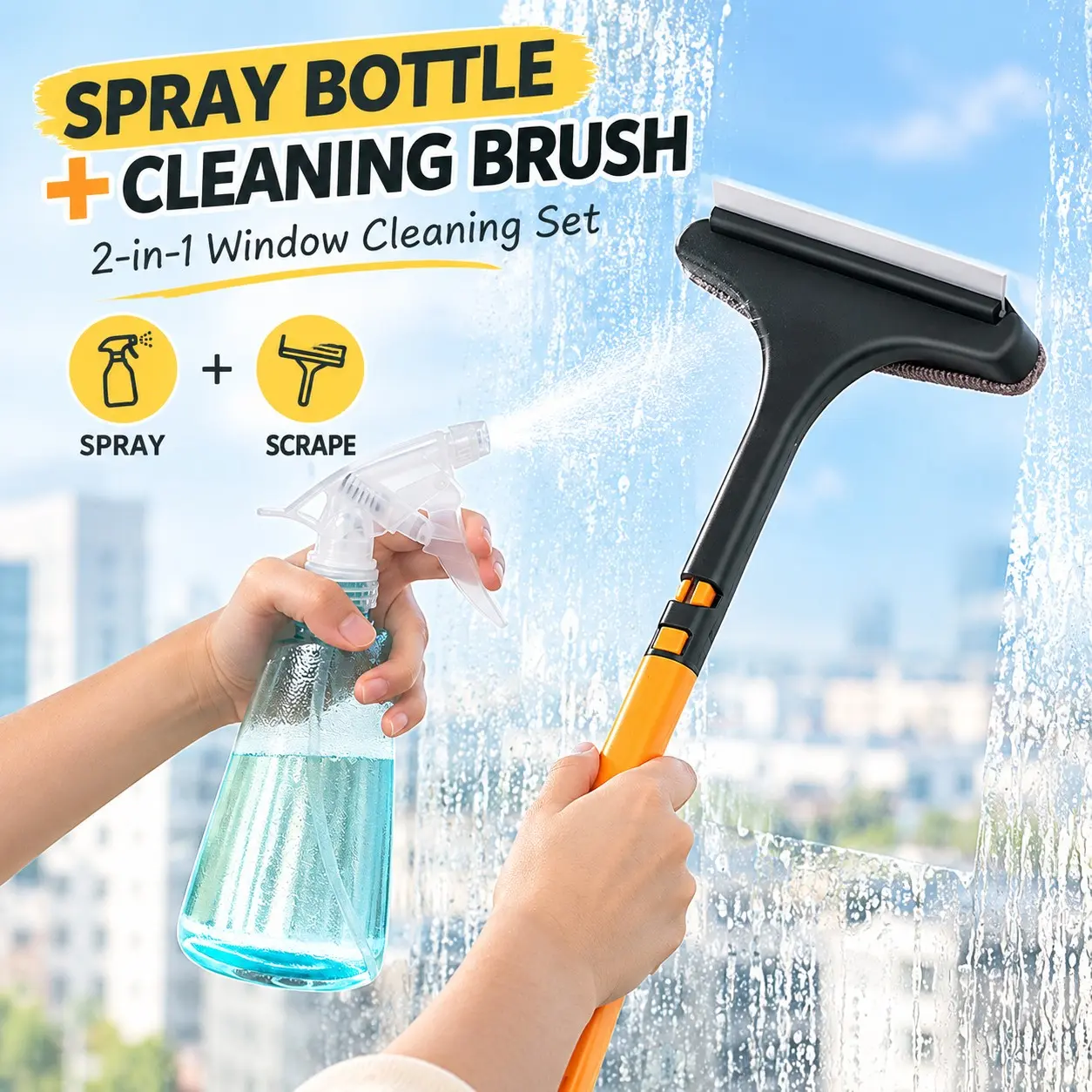 2-In-1 Dual-Sided Window Cleaner Brush + Spray Bottle, Window Cleaning Tool, Screen Cleaning Brush with Scraper and Long Handle, Ideal for Home, Car, Hotel