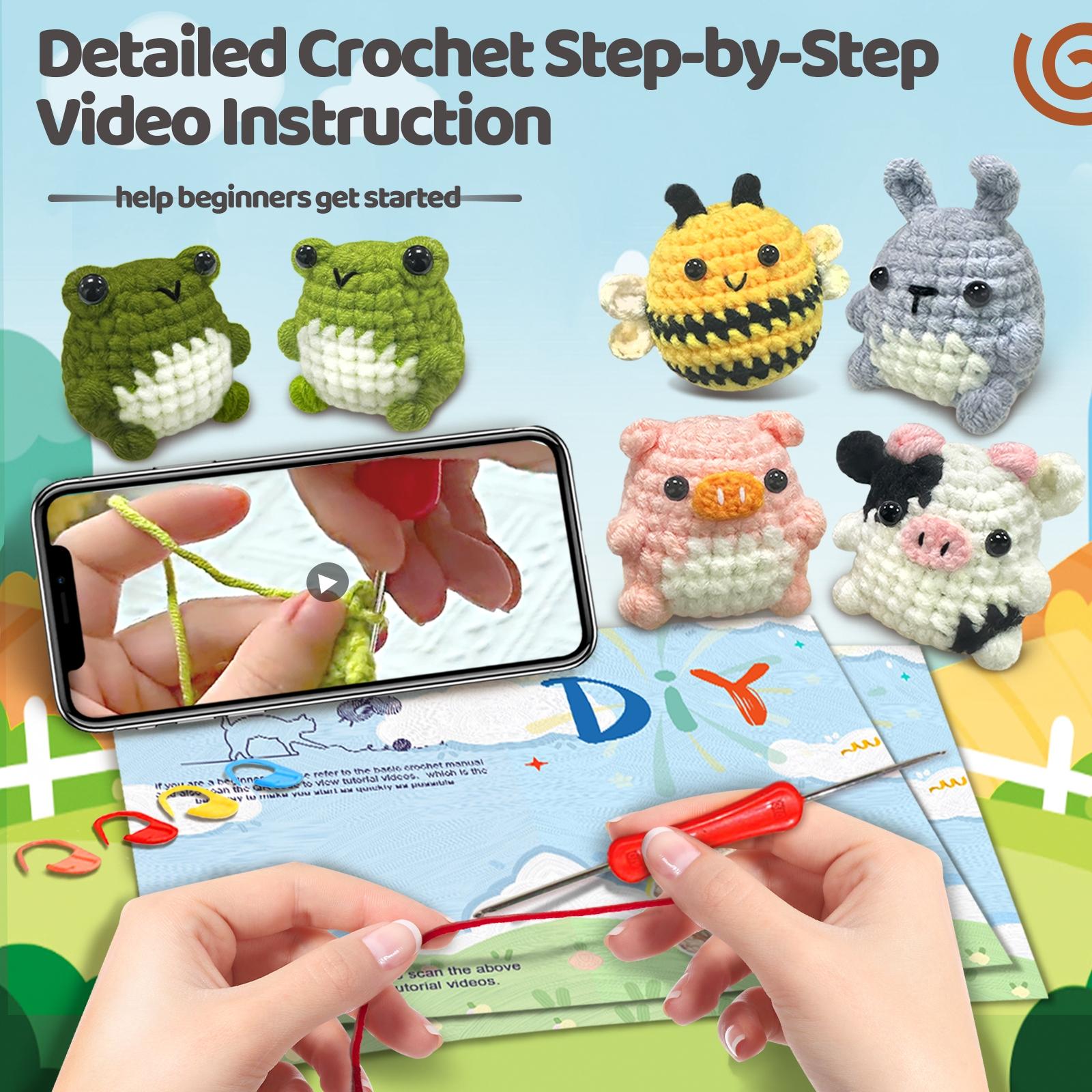 Animal Crochet Kit for Beginners, Amigurumi Crochet, 6 Counts/set Cute Crochet Kit with Crochet Hooks & Animal Crocheting Knitting Set with Step-by-step Video Tutorials