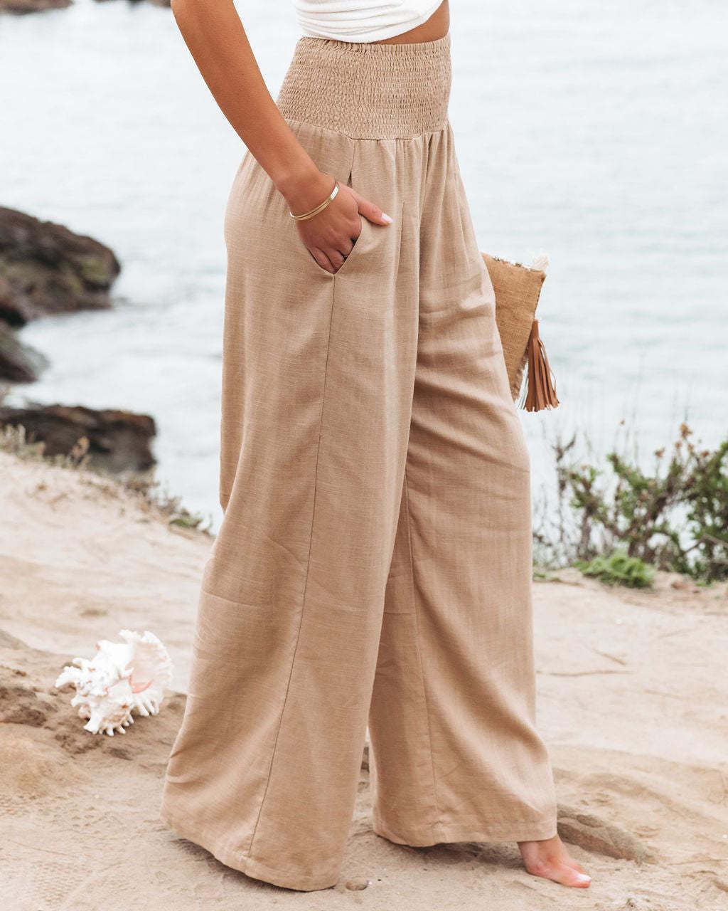 Women's Spring/Summer Beach Vacation Style Pants, Casual Wide-Leg Cotton-Linen Loose-Fit Trousers, Popular Beachwear Matching Pants for Women