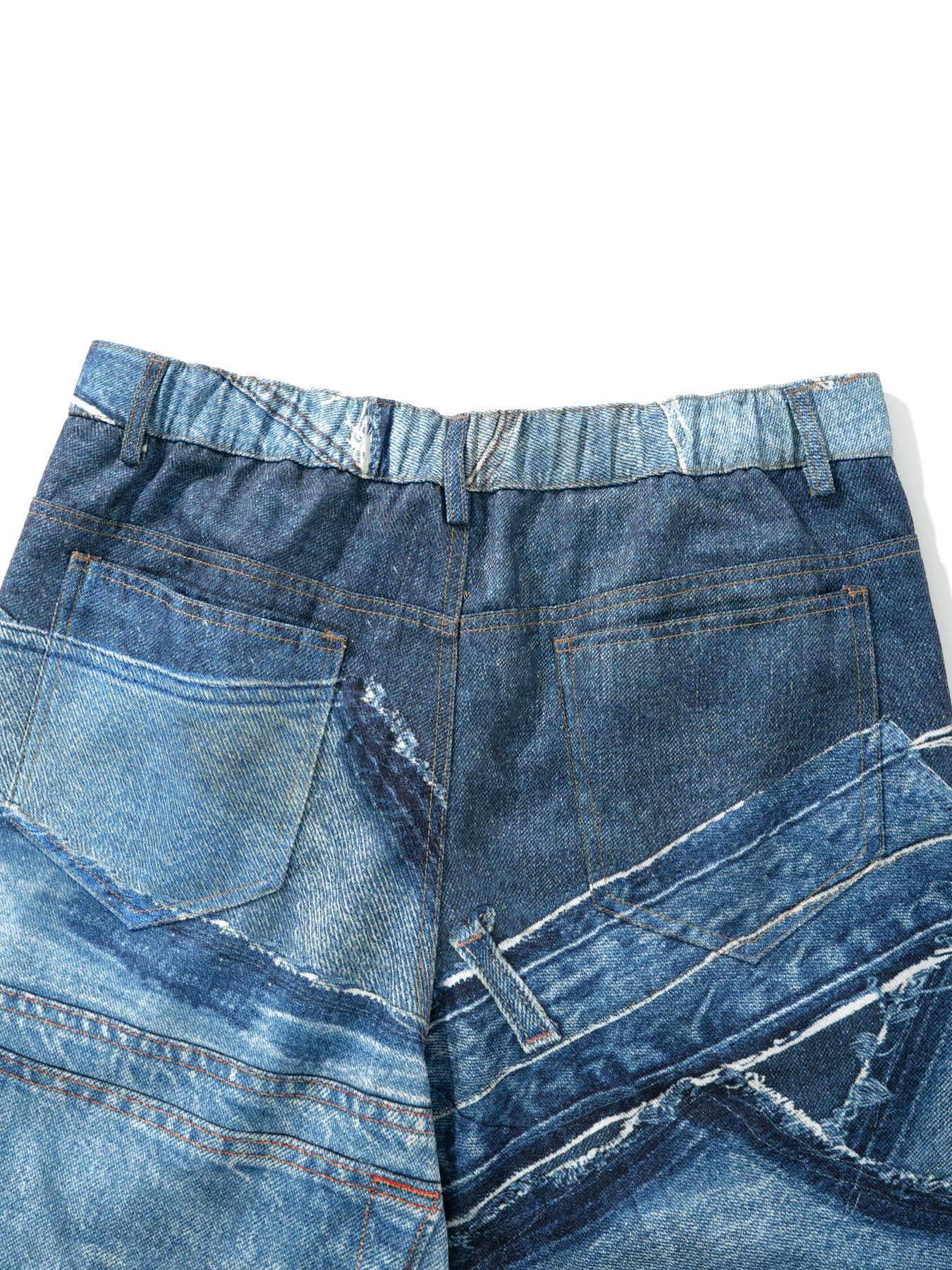 Unisex Men's Denim-Effect Print Pocket Straight Leg Pants, Loose Street Fashion Casual Button Fly Trousers for Daily Wear, Mens Bottoms for All Seasons, Street Style, Menswear, Streetwear, Ripped Jeans