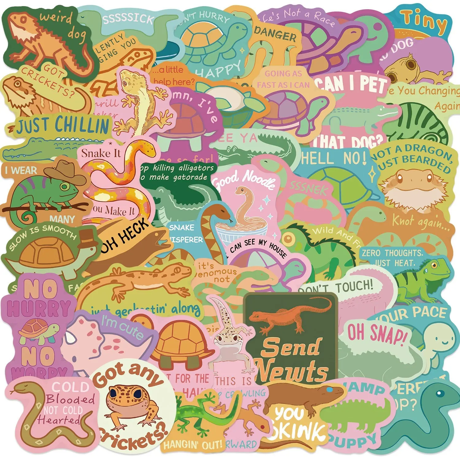 50 Sheets Cartoon Reptile Graffiti Stickers, Waterproof Journal Decor, Guitar Notebook Decoration, DIY Lizard Snake Turtle Stickers