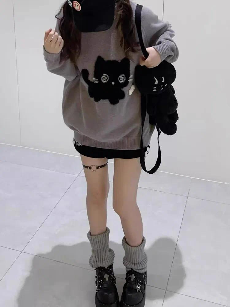 Autumn Gray Vintage Elegant Knit Pullover Woman  Cartoon Print Design Harajuku Sweater Feamale  Long Sleeve Retro Clothes