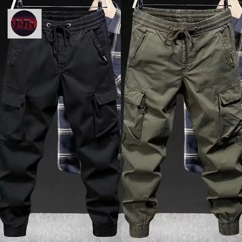 YYW1 Men Cargo Pants Drawstring Multi Pockets Trousers Elastic Waistband Loose Hip Hop Long Trousers Casual Pants Streetwear