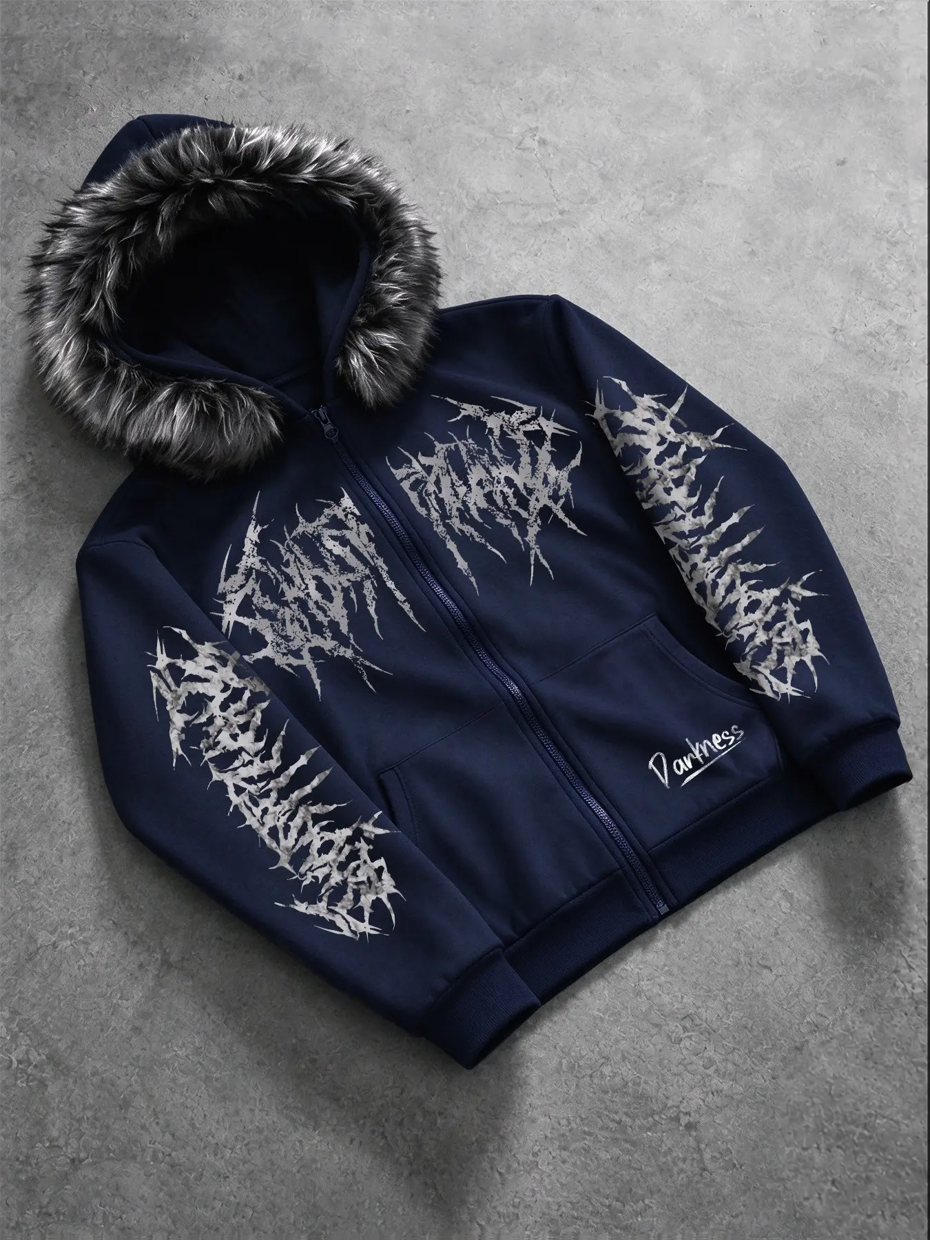 Zip Up Hooded Jacket With Faux Fur Trim Hood, Dark Thorn Graffiti Graphic Print, Gothic Grunge Streetwear Outerwear, Y2K Punk Winter Hoodie Coat, Street Punk Style #GothicFashion #GrungeOutfit #PunkStreetwear #Y2KJacket