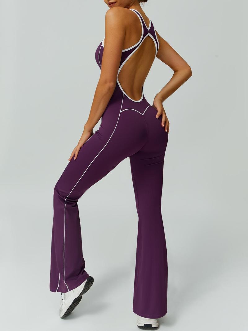 Women's color blocked backless jumpsuit comfortable and nude with a cinched waist sleeveless U-neck wide leg flared pants yoga clothes jumpsuit suitable for gym training outdoor running dancing tennis seasonal fashion contrasting Backless Sports Jumpsuit