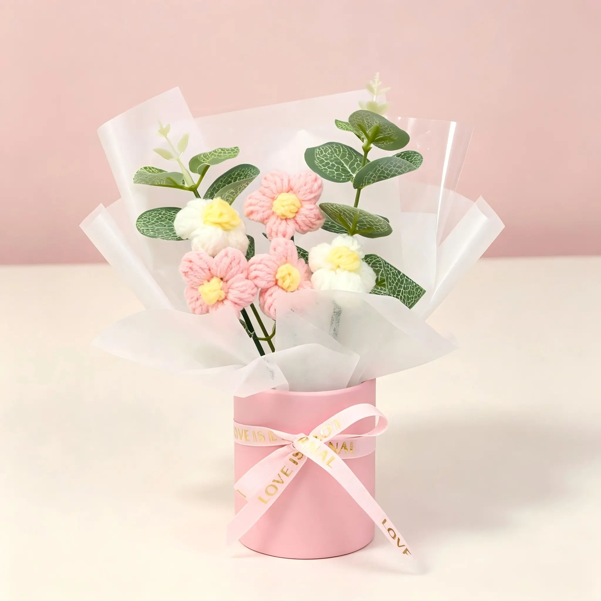Daisy Knitted Mini Bouquet Bucket, Handmade Yarn Woven Flower Basket, Simple Desktop Decor, Unique Gift for Friends and Family