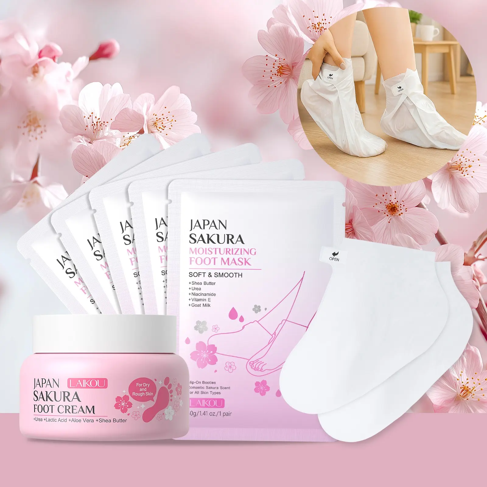 LAIKOU Sakura Spa Foot Care Kit: 5 Pack Smoothing Foot Mask Booties & 60g Moisturizing Foot Lotion Cream with Lactic Acid & Shea Butter, Total Repair for Calluses, Hard Skin, Dry Feet Self Care