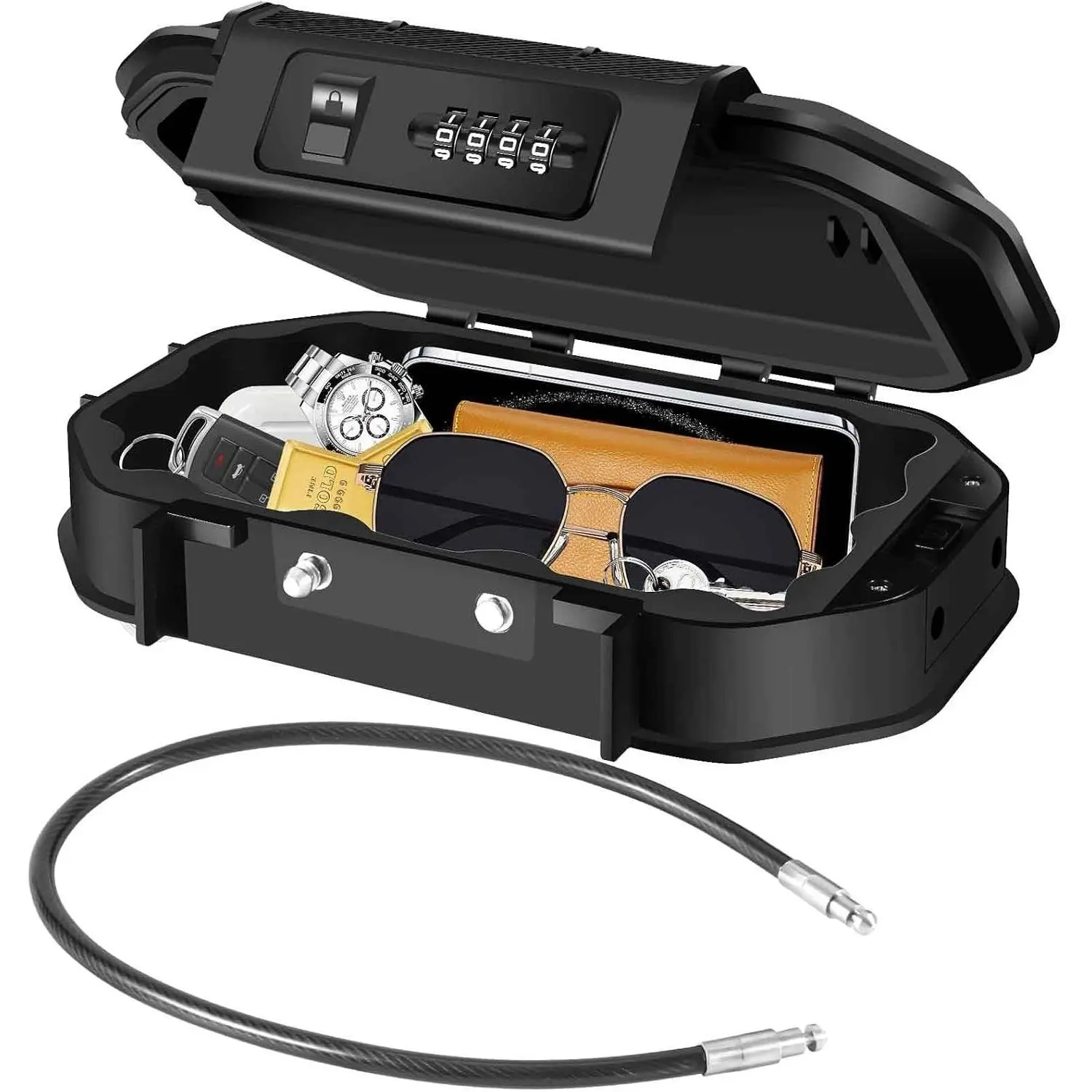 Waterproof Lock Box, Portable 4-Digit Combination Safe Boxes with Removable Cable, Anti-Theft Small Security Lockbox, Resettable Code Cash Case, Outdoor Key Hider for Travel, Gym, Hotel, Dorm, Beach