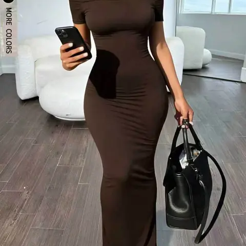 Elegant Fit One-Shoulder Short Sleeve Dress, Bodycon Waist Ruched A-Line Long Skirt, Perfect for Daily Commute, Dates, Street Style, Casual Outing, Elegance, Dresses For Party