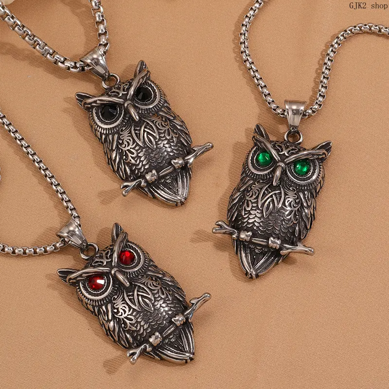 Vintage Carved Owl Necklace, Colored Crystal Eyes Stainless Steel Animal Pendant Chain Necklace For Men
