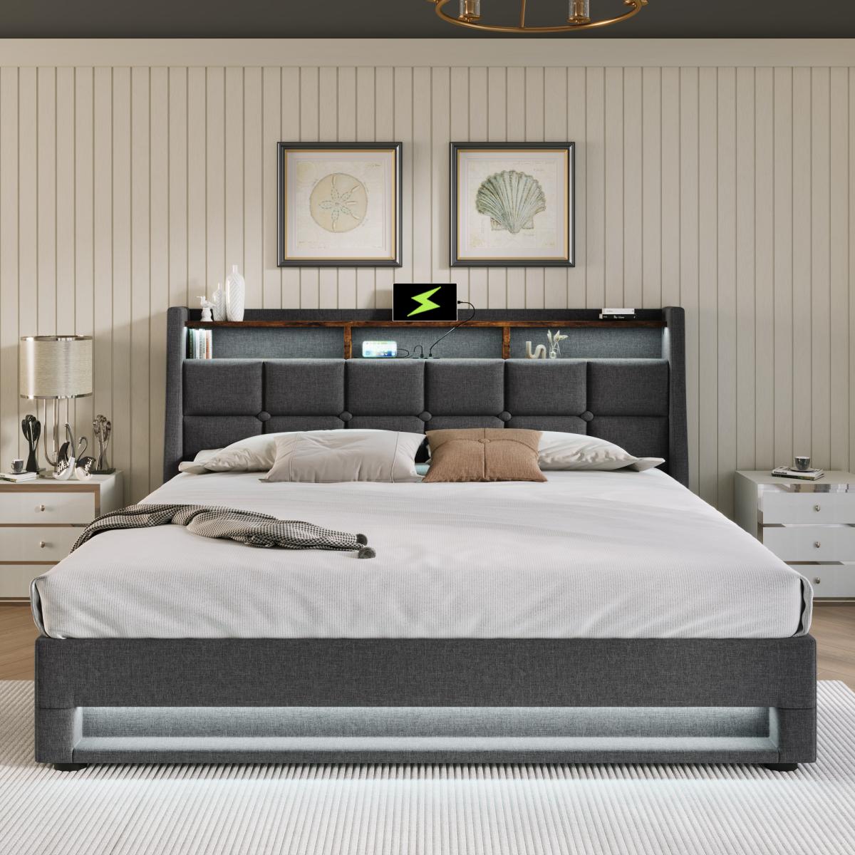 Soft padded platform bed with hydraulic storage system, LED and USB charging, natural (without mattress)