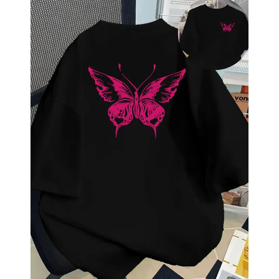 Men's Pink Butterfly Print Double-Sided Graphic Cotton T-Shirt - Oversized Loose-Fit Tops, Casual All-Seasons Comfort Outfit, Perfect Valentine Gift For Her
