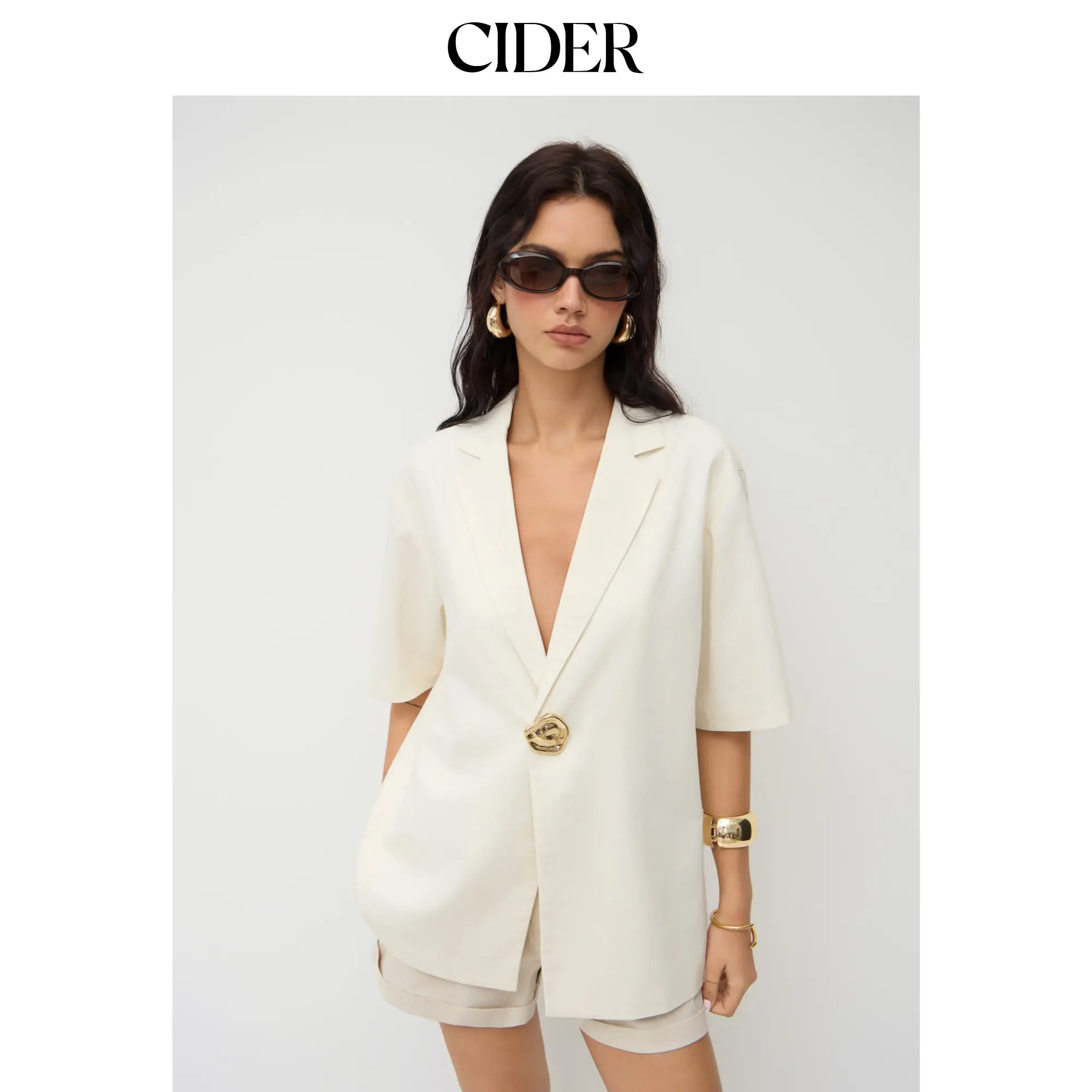 Cider Linen-blend Collar Metal Button Oversized Blazer SohoChic