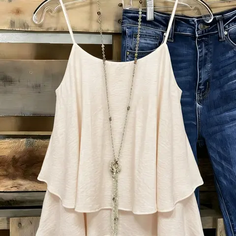 Summer Boho Loose Layered Ruffle Cami Top, Sleeveless Flowy Lightweight Thin Strap Blouse, Stylish Fashion Top for Women