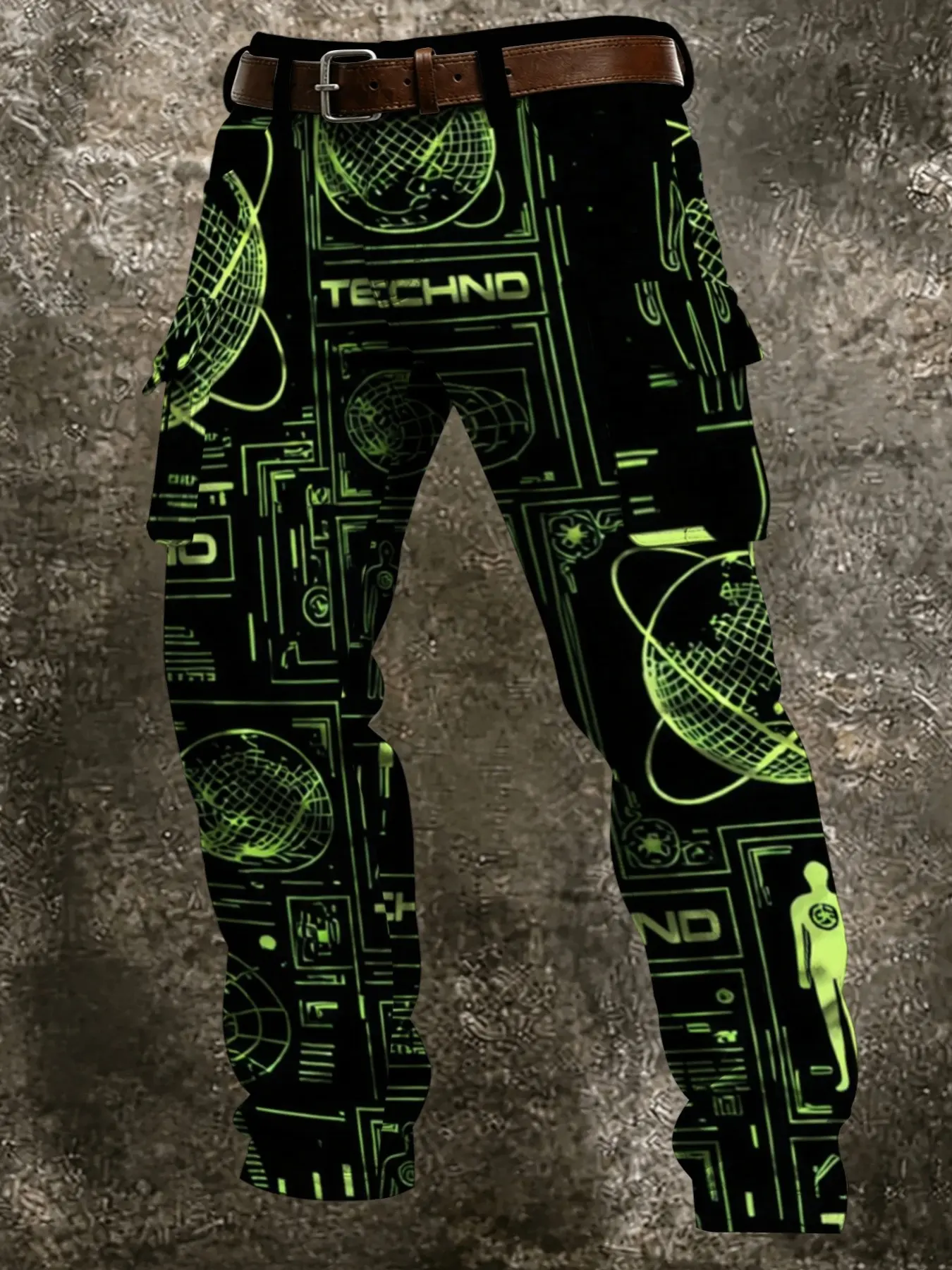 Men's Cyberpunk Line Earth Print Work Pants, Multi-Pocket Straight Leg Casual Pants, Dark Functional Trendy Long Pants