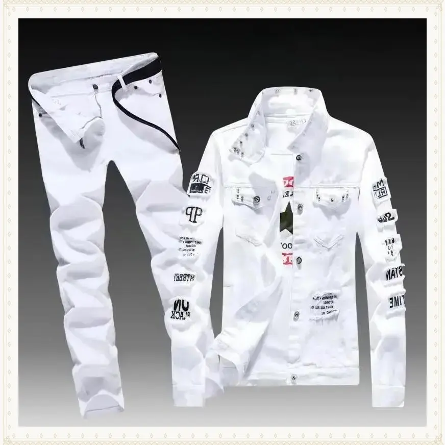 sets for men clothing Spring Autumn Mens Denim Jacket + Jeans Pants Set Fashion Single Breasted Coat Trousers Two Piece Denim suit Clothes Sleeve Sleeved Basic Formal Menswear  Piece Denim Outfit Jean Jacket and Jeans Set Denim SGift
